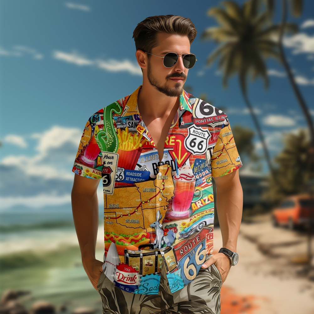 100% Cotton Men's Brown Vintage American Culture Print Short Sleeve Shirt