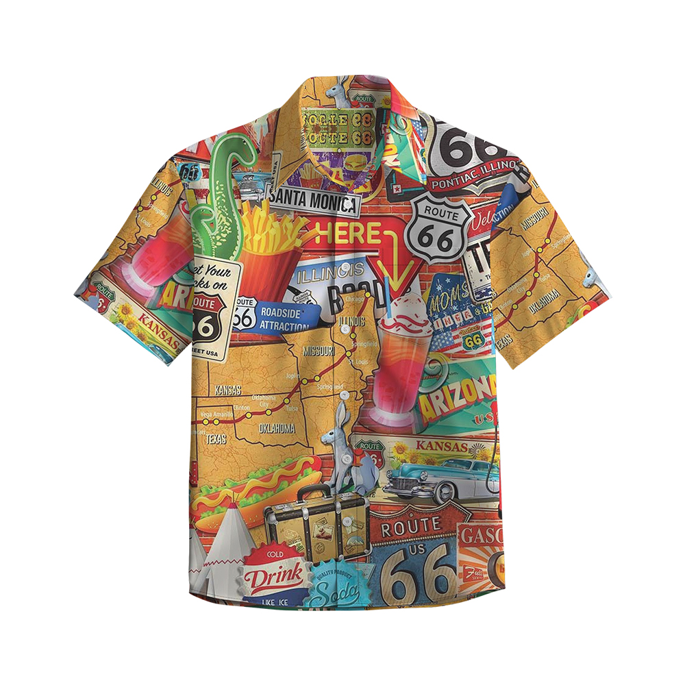 100% Cotton Men's Brown Vintage American Culture Print Short Sleeve Shirt