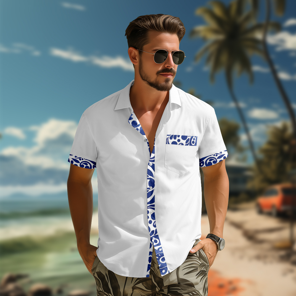 100% Cotton Men's White Ocean Style Short Sleeve Shirt