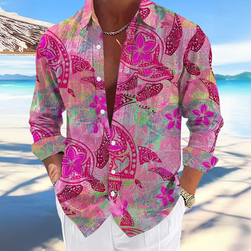 Men's Casual Hawaiian Floral Sea Turtle Print Stylish Resort Pocket Long Sleeve Shirt