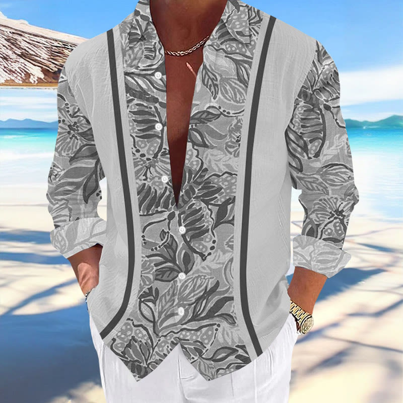 Men's Casual Hawaiian Floral Print Stylish Vacation Long Sleeve Shirt
