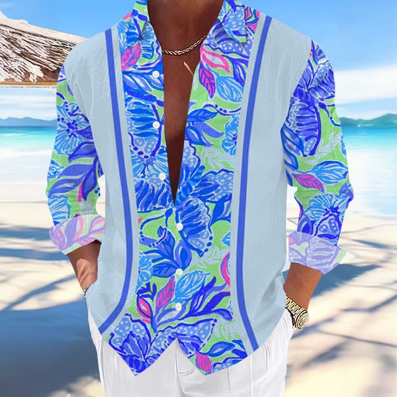Men's Casual Hawaiian Floral Print Stylish Vacation Long Sleeve Shirt