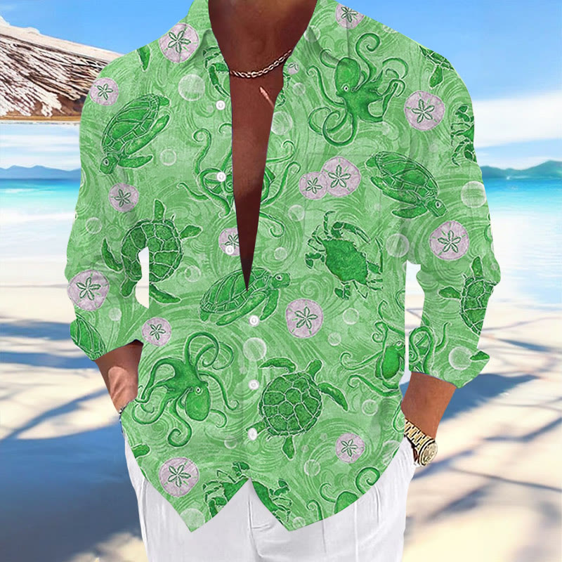 Hawaii Turtles Print Fashion Vacation And Casual Long Sleeve Shirt