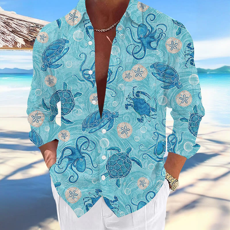 Hawaii Turtles Print Fashion Vacation And Casual Long Sleeve Shirt
