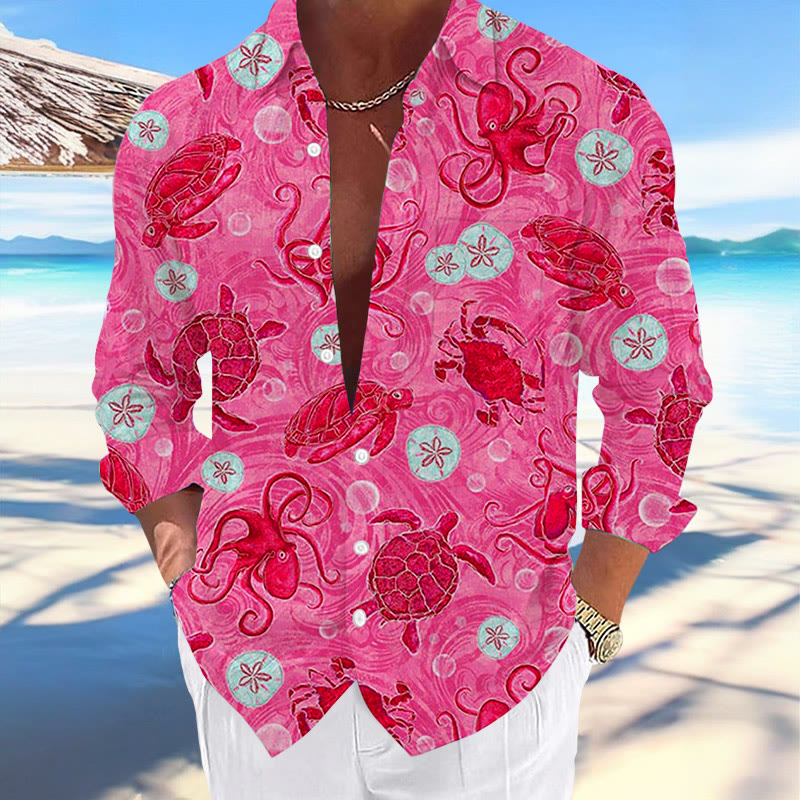 Hawaii Turtles Print Fashion Vacation And Casual Long Sleeve Shirt