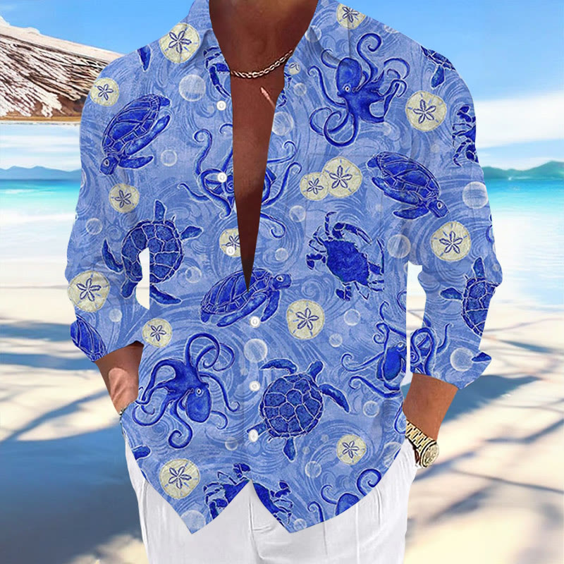 Hawaii Turtles Print Fashion Vacation And Casual Long Sleeve Shirt