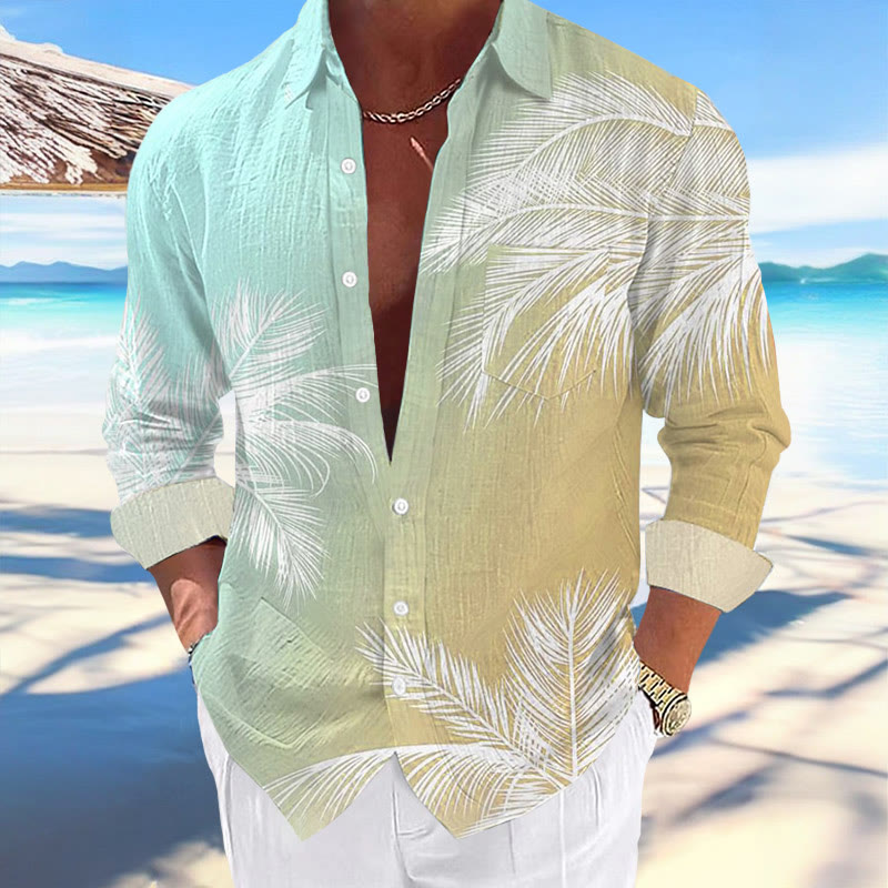 Men's Casual Hawaiian Palm Tree Print Long Sleeve Pocket Shirt