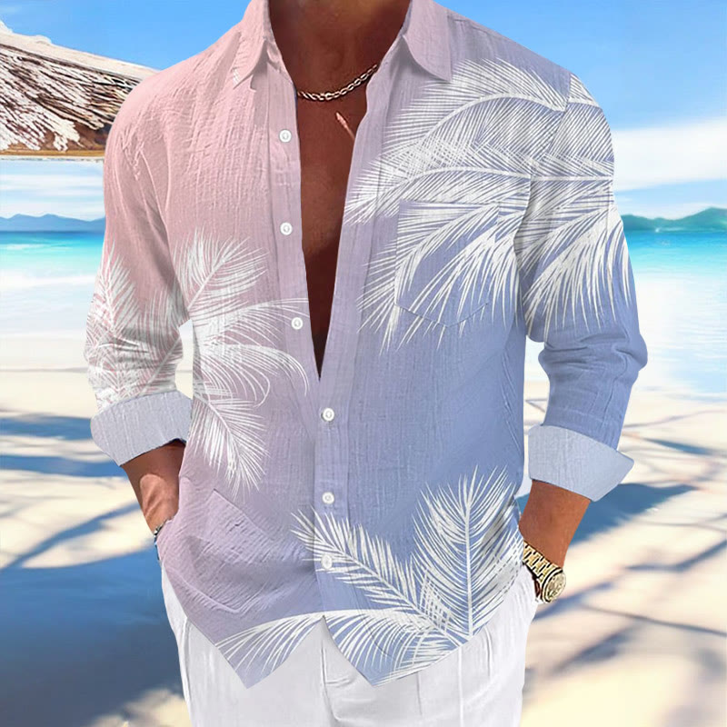 Men's Casual Hawaiian Palm Tree Print Long Sleeve Pocket Shirt