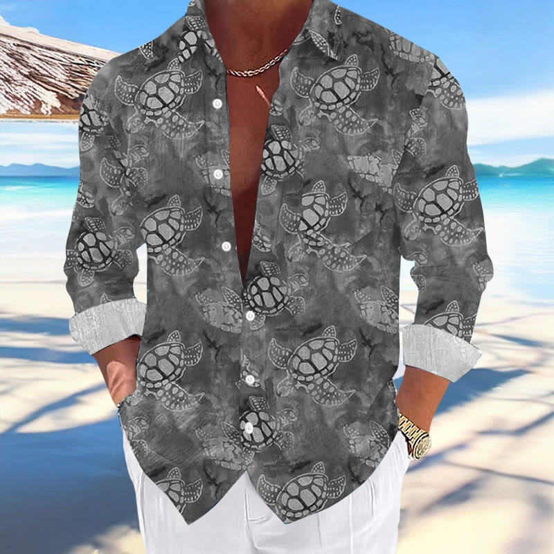 Men's Hawaiian Tie Dye Turtle Print Casual Long Sleeve Shirt