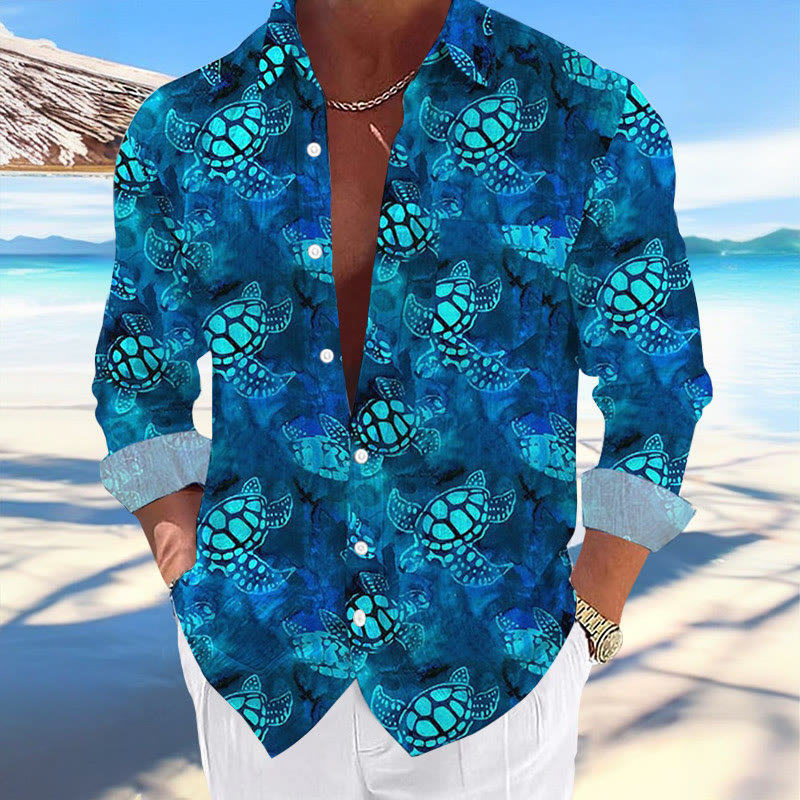 Men's Hawaiian Tie Dye Turtle Print Casual Long Sleeve Shirt