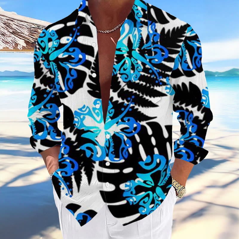 Men's Hawaiian Tropical Leaf Print Casual Lapel Long Sleeve Shirt