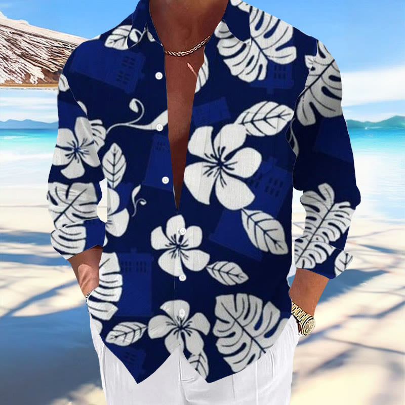 Men's Casual Hawaiian Tropical Floral Leaves Print Lapel Long Sleeve Shirt