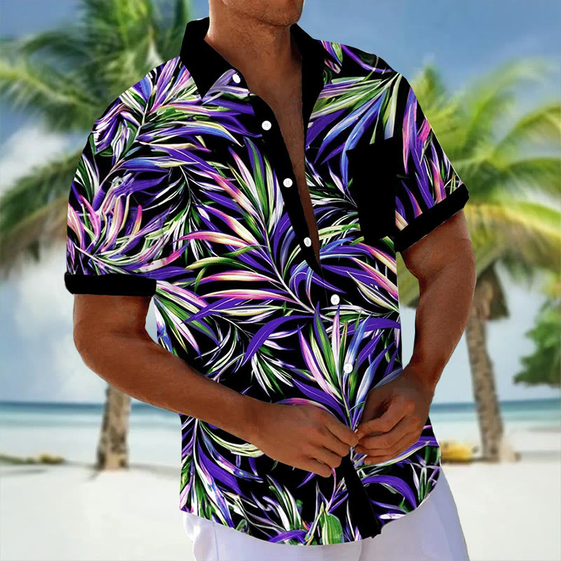 Men's Hawaiian Vacation Tropical Leaves Printed Casual Short Sleeve Shirt