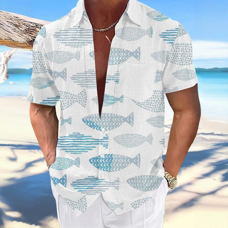 Men's Hawaiian Fish Print Casual Resort Short Sleeve Shirt