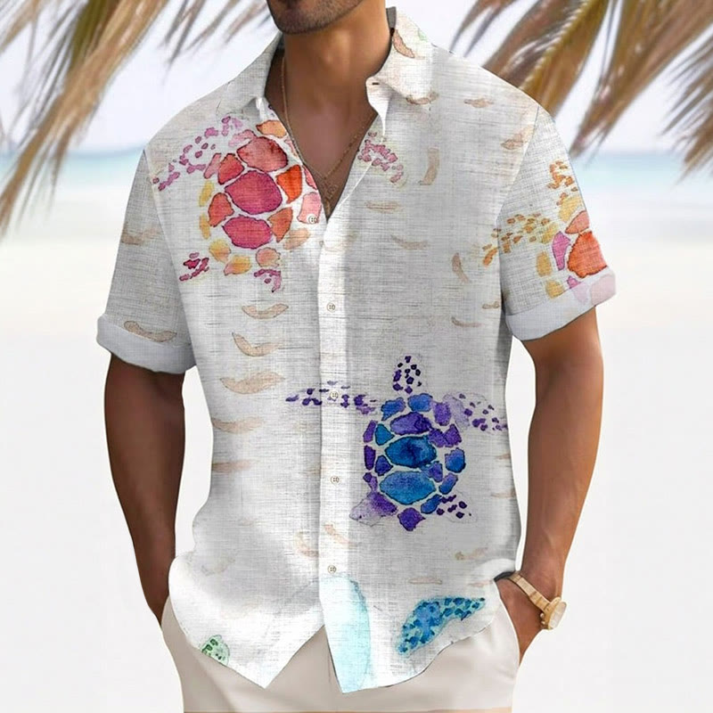 Men's Casual Vacation Hawaiian Beach Sea Turtle Print Short-sleeved Shirt