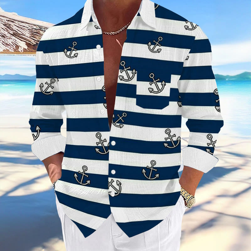 Men's Hawaiian Casual Simple Striped Anchor Print Vacation Long Sleeve Shirt