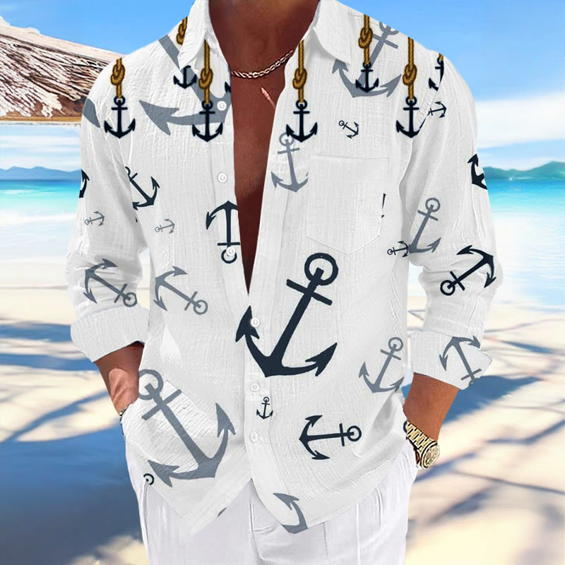 Men's Casual Hawaiian Anchor Print Vacation Long Sleeve Shirt