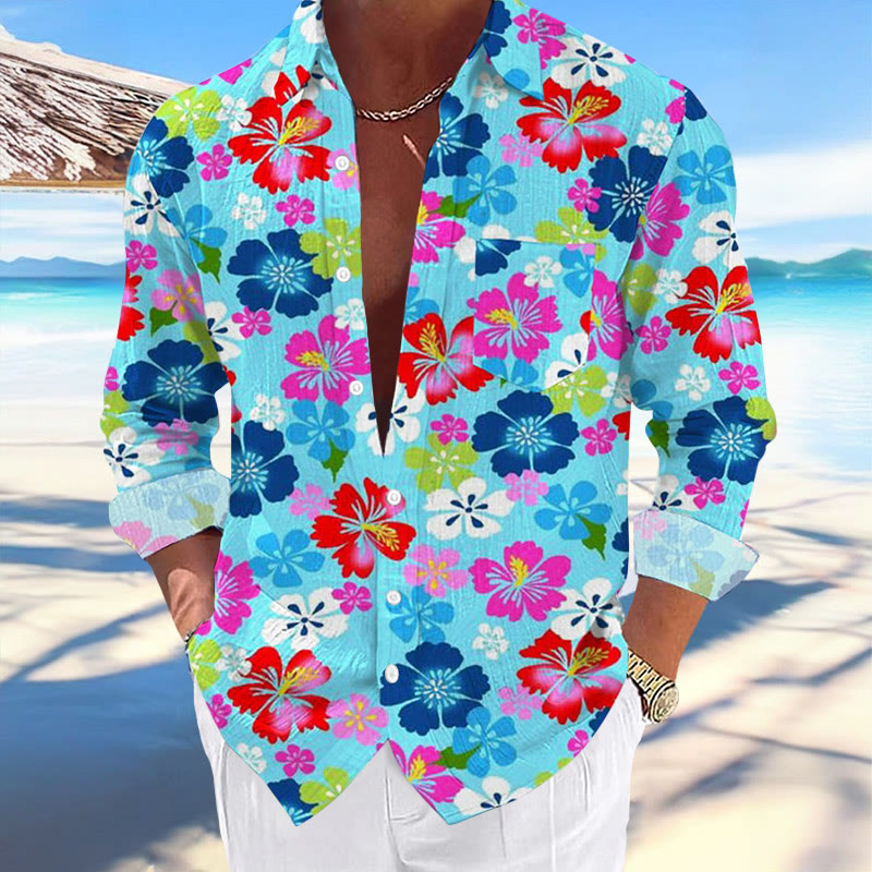 Men's Hawaiian Flower Print Vacation Long Sleeve Shirt