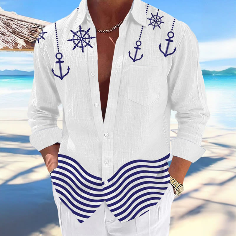 Men's Resort Hawaiian Simple Drawing Of Waves And Anchor Print Long-sleeved Shirt