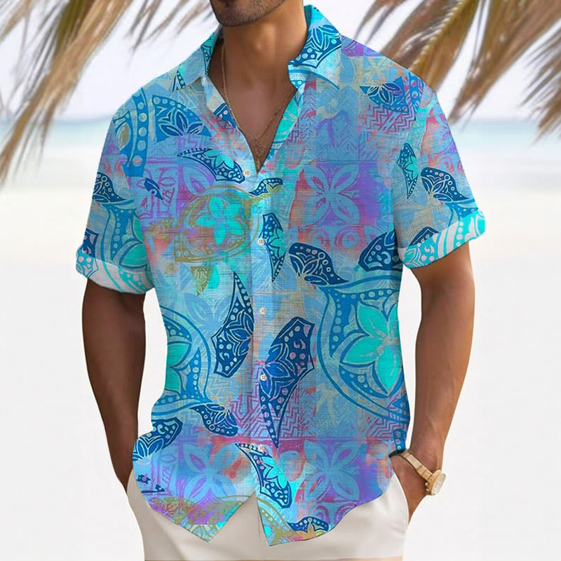 Men's Resort Hawaiian Ethnic Sea Turtle Print Short-sleeved Shirt