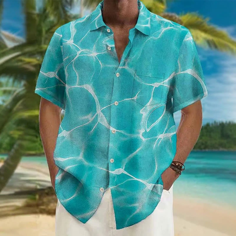 Men's Resort Hawaiian Water Wave Print Short-sleeved Shirt