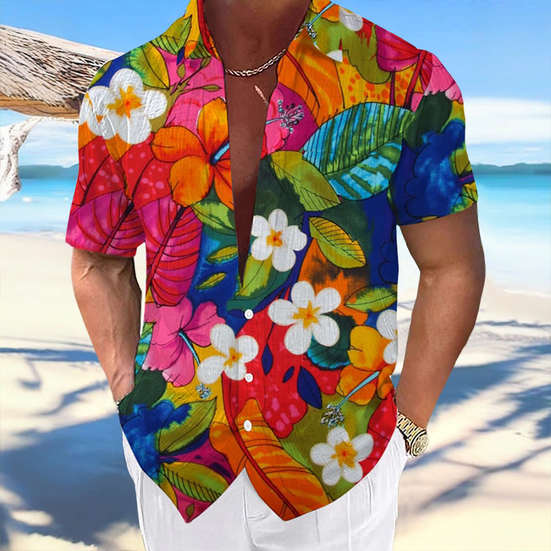 Men's Resort Hawaiian Tropical Floral Print Short-sleeved Shirt