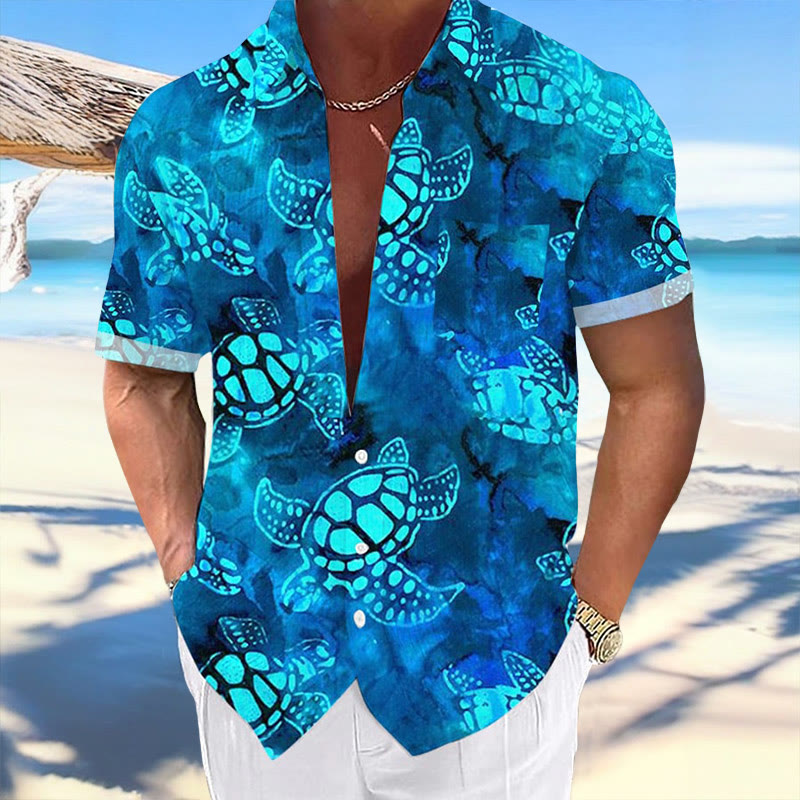 Men's Casual Vacation Hawaiian Island Sea Turtle Print Short-sleeved Shirt
