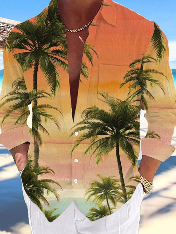 Men's Casual Hawaiian Coconut Tree Print Lapel Long Sleeve Shirt