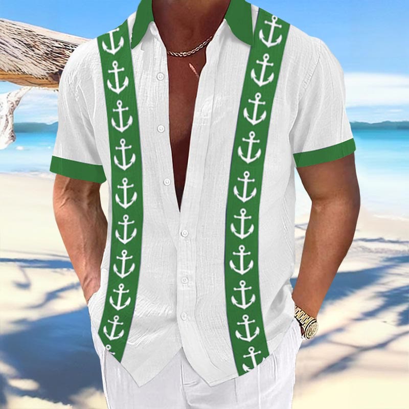 Men's Casual Anchor Print Lapel Shirt