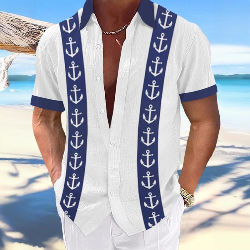 Men's Casual Anchor Print Lapel Shirt
