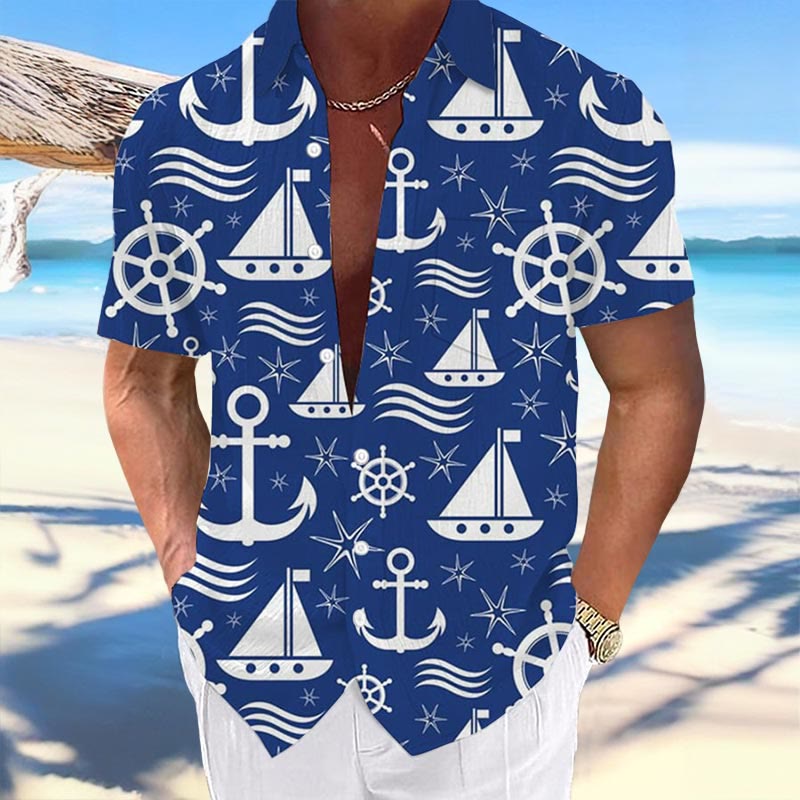 Men's Summer Vacation Sailing Anchor Print Casual Short Sleeve Shirt