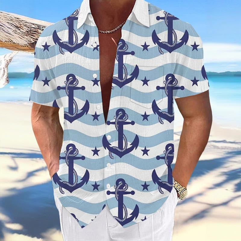 Men's Resort Hawaiian Stripe Anchor Print Casual Short Sleeve Shirt