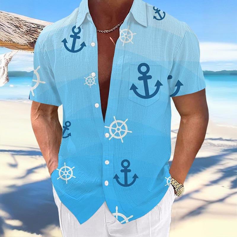 Men's Vacation Hawaii Ombre Anchor Print Casual Short Sleeve Shirt