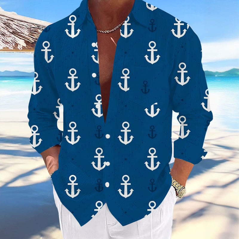 Men's Nautical Design Printed Lapel Pocket Casual Shirt