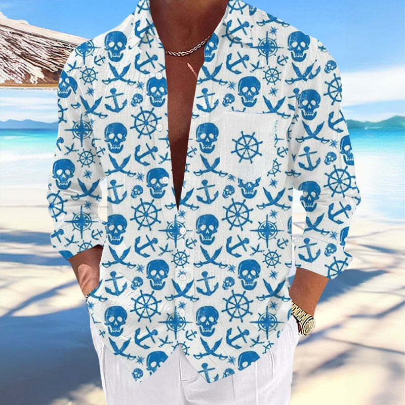 Men's Nautical Design Printed Lapel Pocket Casual Shirt