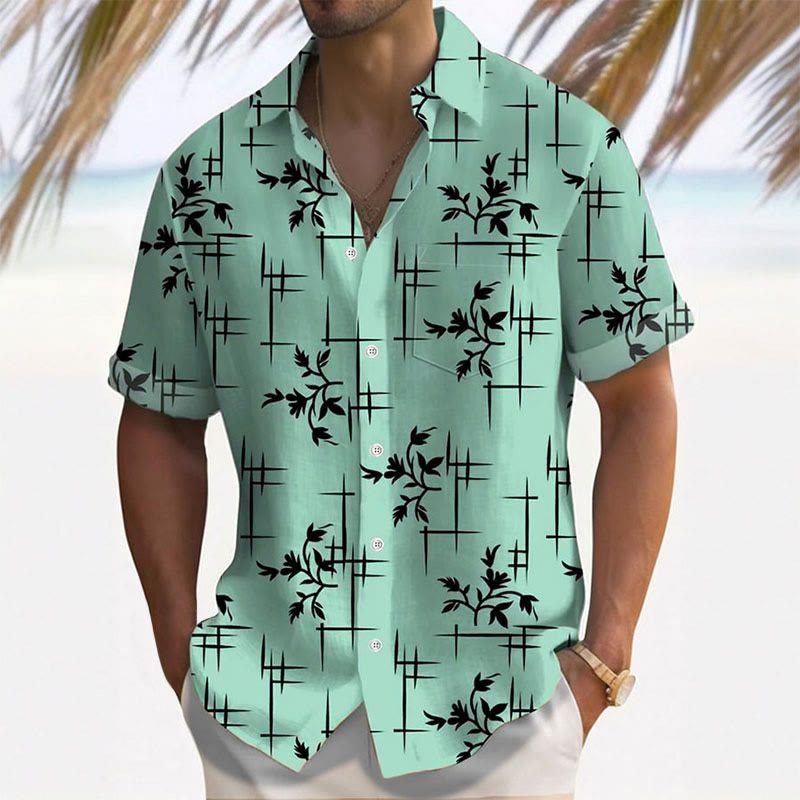 Men's Hawaiian Striped Floral Print Resort Casual Short Sleeve Shirt