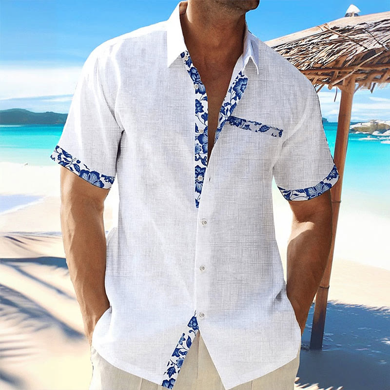 Men's Hawaiian Floral Contrast Print Resort Casual Short Sleeve Shirt