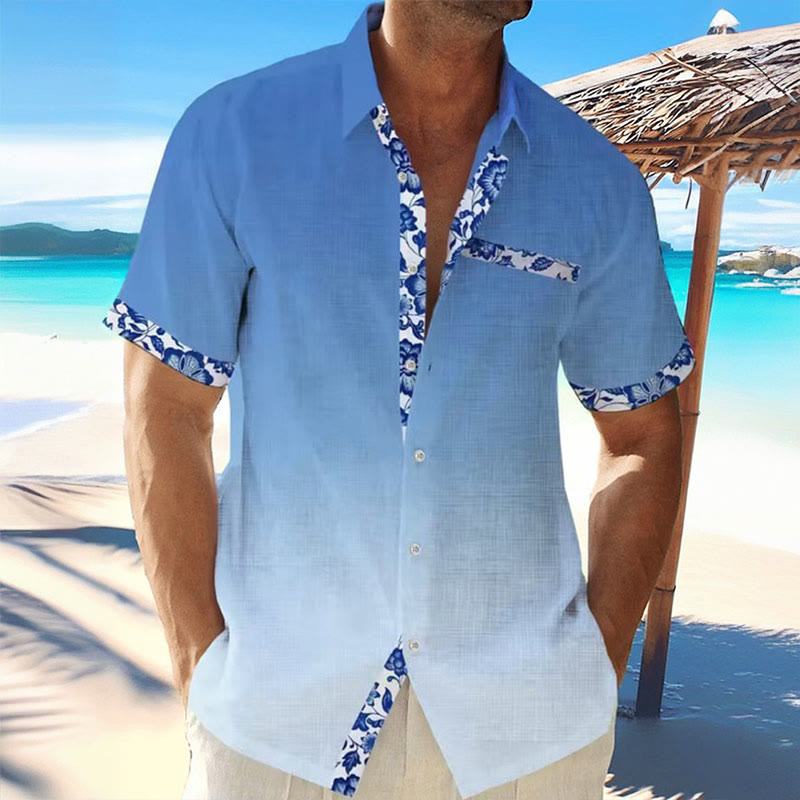 Men's Hawaiian Ombre Floral Print Casual Short Sleeve Shirt