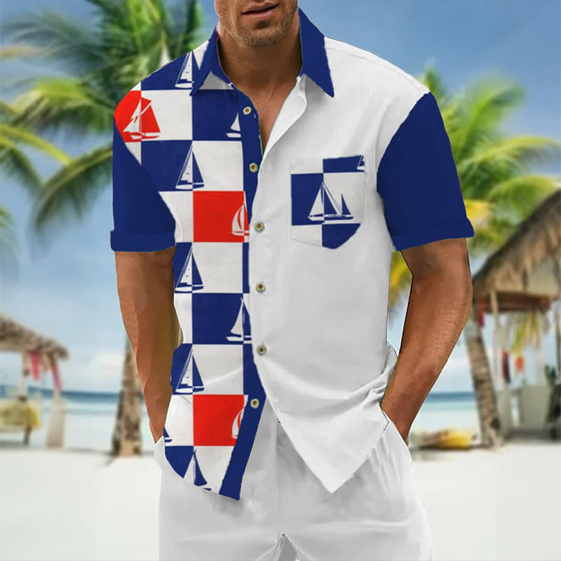 Vacation Ocean Boat Print Short Sleeve Pocket Shirt