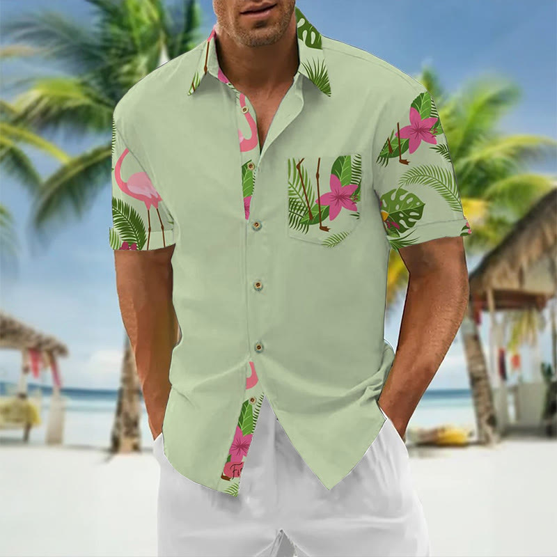 Vacation Hawaiian Floral Print Short Sleeve Pocket Shirt