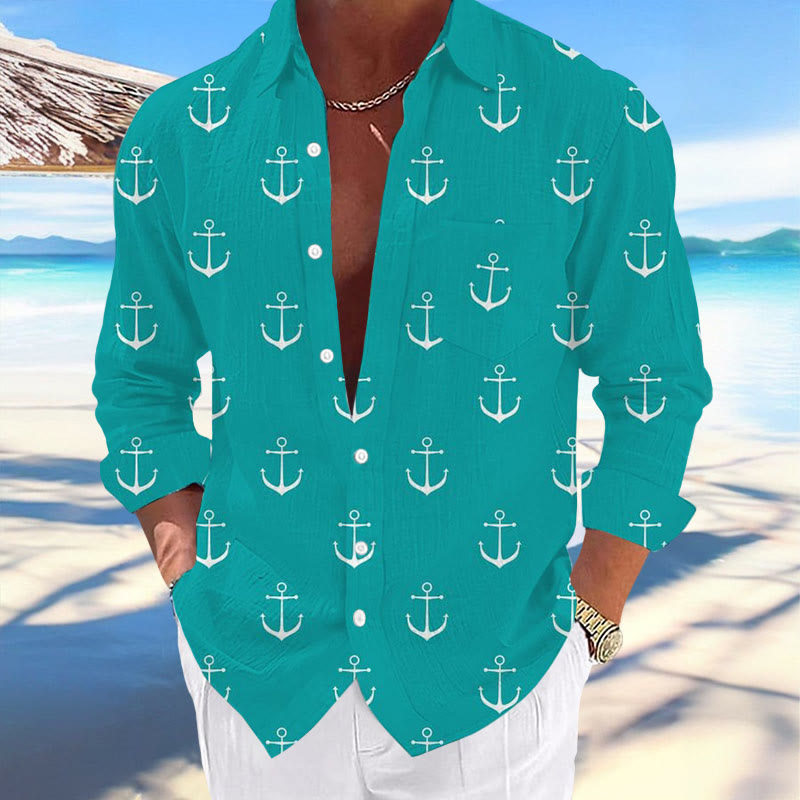 Nautical Design Printed Lapel Pocket Casual Shirt