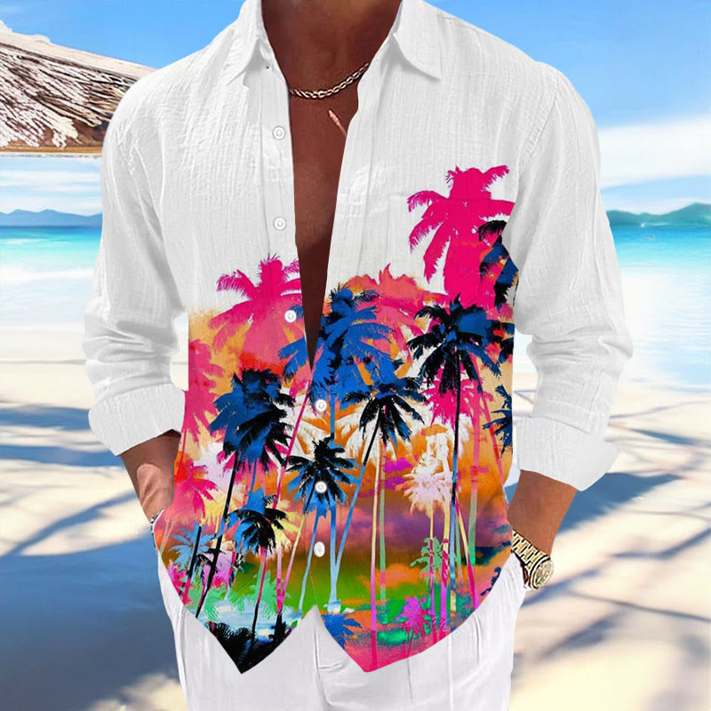Men's Summer Hawaiian Coconut Tree Print Lapel Pocket Shirt