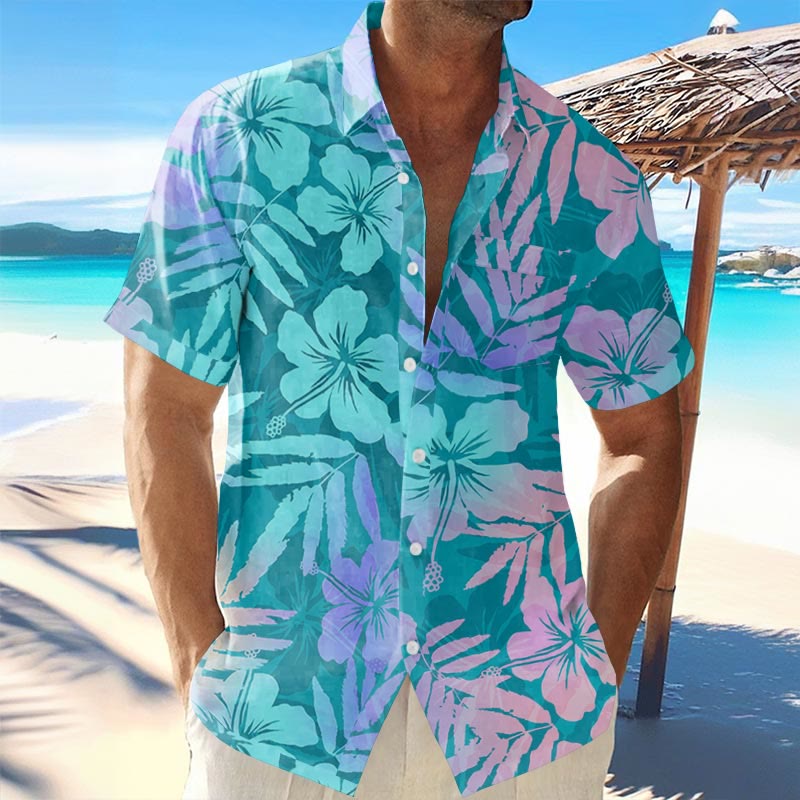 Summer Vacation Men's Ombre Tropical Floral Print Hawaiian Short-sleeved Shirt