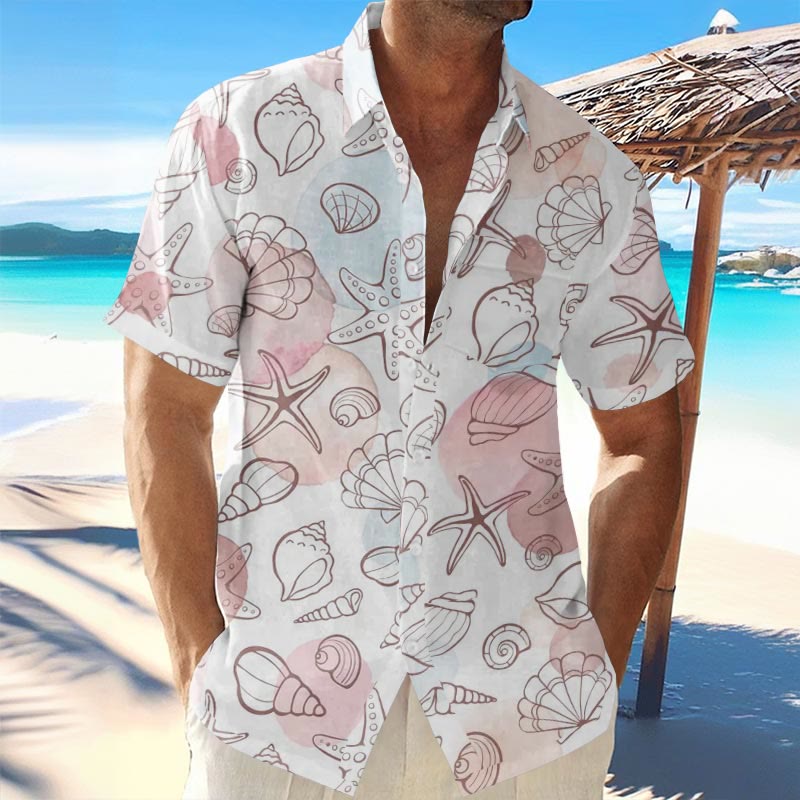Men's Resort Shell Starfish Print Hawaiian Short Sleeve Shirt