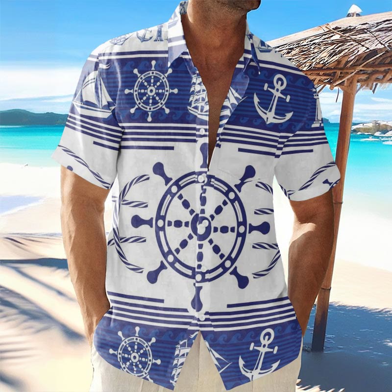 Men's Casual Nautical Print Hawaiian Short Sleeve Shirt
