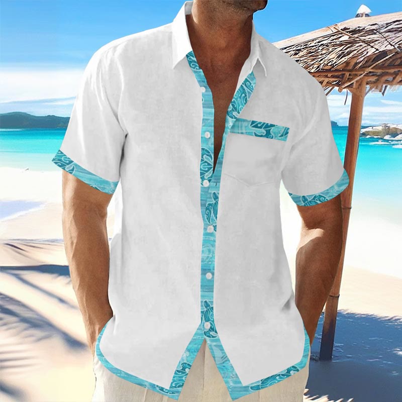 Men's Casual Blue Hawaiian Tribal Turtle Print Short Sleeve Shirt