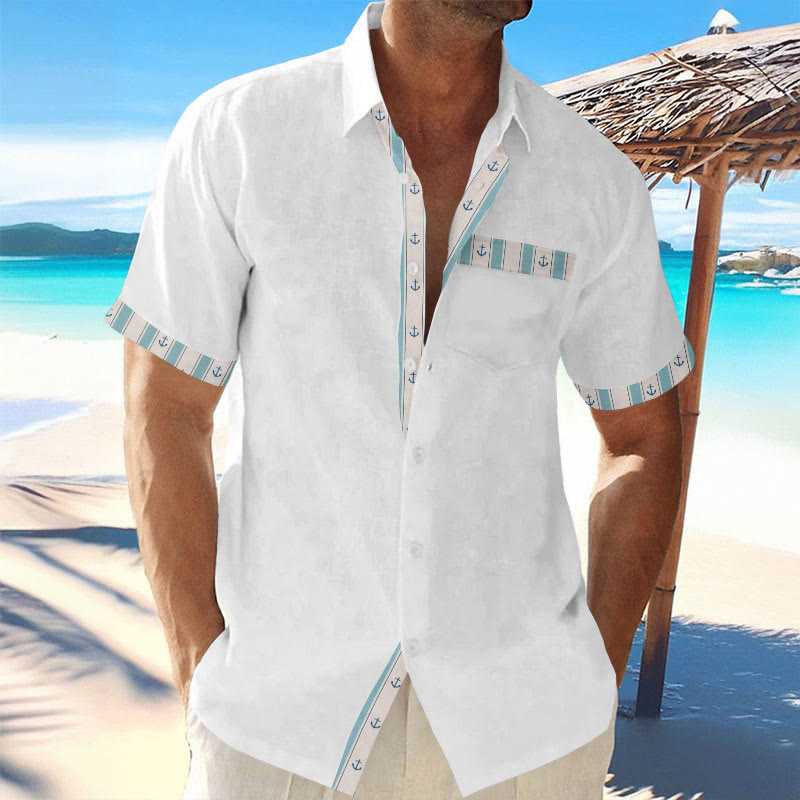 Men's Casual Anchor Stripe Contrast Print Short Sleeve Lapel Shirt