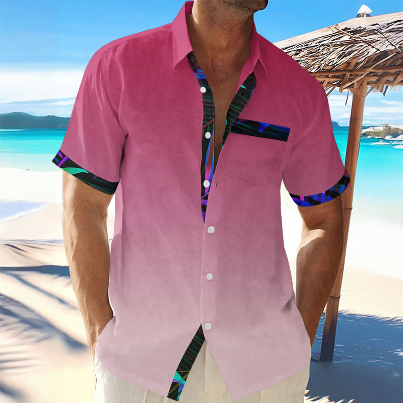 Men's Casual Hawaiian Leaves Contrast Print Short Sleeve Lapel Shirt
