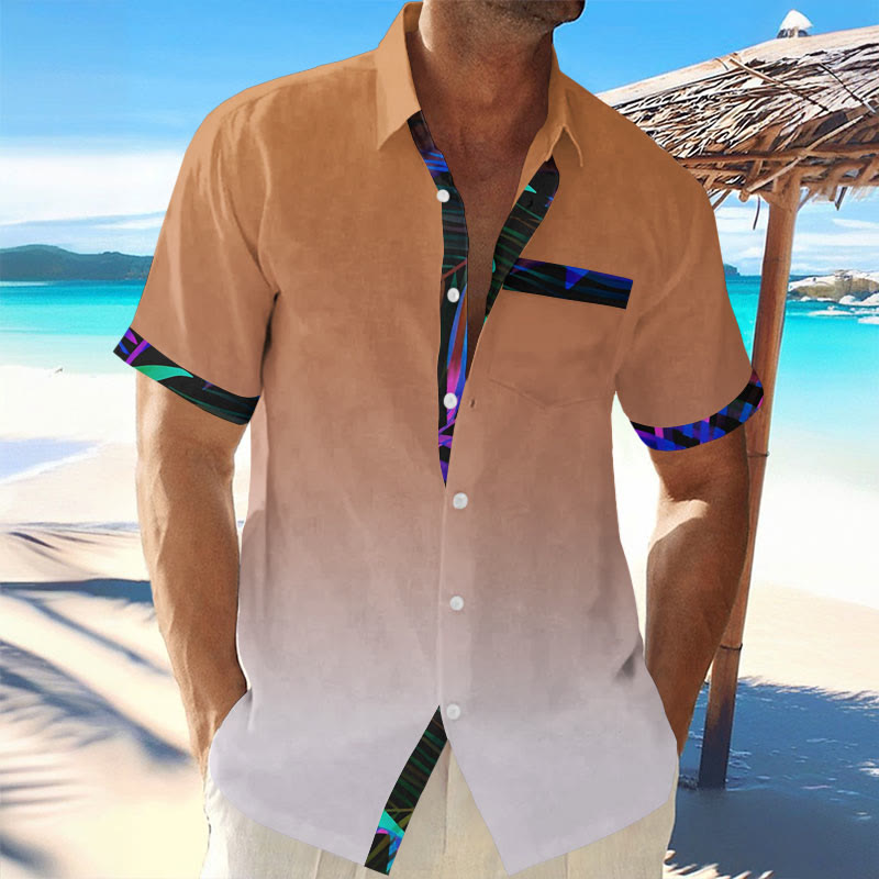 Men's Casual Hawaiian Leaves Contrast Print Short Sleeve Lapel Shirt