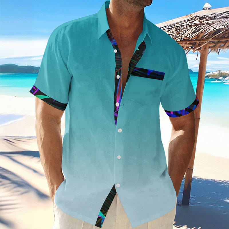 Men's Casual Hawaiian Leaves Contrast Print Short Sleeve Lapel Shirt